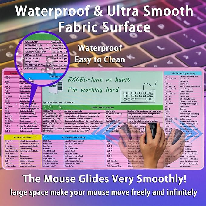 Pink MS Excel Shortcut Mouse Pad Desk Mat,Large Excel Cheat Sheet Desk Pad,Spreadsheet Keyboard Mats Mousepad,Non-Slip Stitched Edge,Office Desk Essentials for Women,31.5 * 15.7 inch