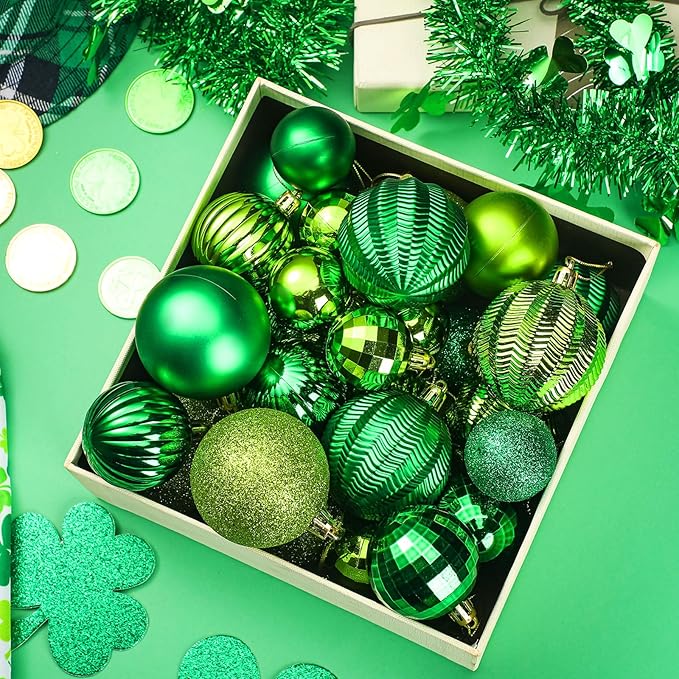 64 Pcs St. Patrick's Day Ball Ornaments Glitter Matt Lime Green Assorted Plastic Irish St. Patrick's Day Decoration for Xmas Tree & Party Supplies