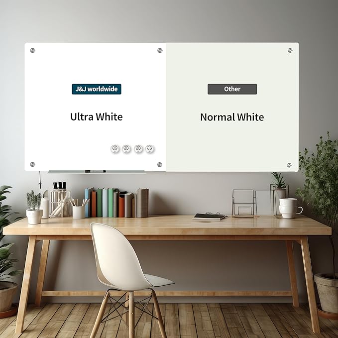 J&J worldwide Magnetic Glass Whiteboard Brilliance White Dry Erase Board 6' x 3', Large Frameless Glass White Boards for Walls, Includes Magnets, Marker Tray, Eraser for Office, Home, School