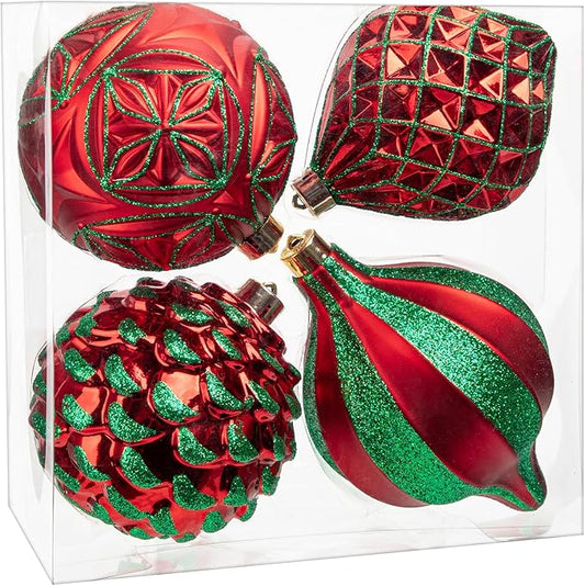 Hollyone 4.7 Inch Large Red and Green Christmas Ornaments 4Pcs Balls Ornaments Shatterproof Christmas Hanging Ornaments for Xmas Tree Decor Wedding Holiday Party Wreath Home Decor (Red & Green, 120mm)