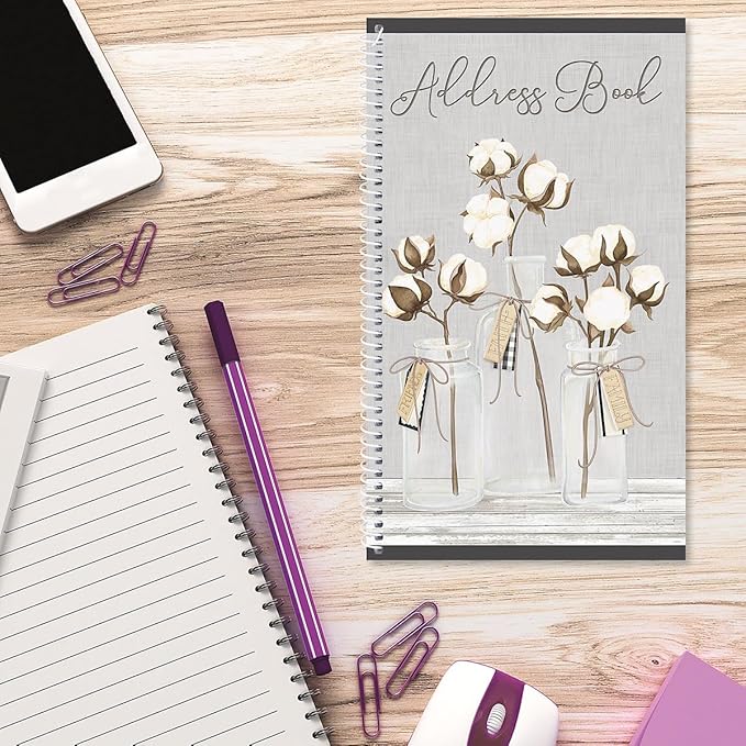 Current Farmhouse Bolls Address Book - 94 Pages; Small 5" x 8-1/2" Size for Purse or Office, Spiral Bound Soft Cover Organizer for Contacts, Addresses, Email, & Phone Numbers + 50 Replacement Stickers