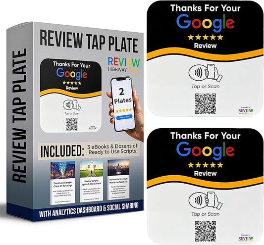 NFC Tap Plate (2-Pack) by Review Highway - Compatible with Google Reviews - NFC Tap & QR Scan for Instant Reviews - Boost SEO - iPhone/Android Compatible - Reusable and Zappy Fast (2 Plates)