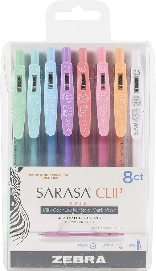 Zebra Pen Sarasa Clip Retractable Gel Pen, 0.5mm Fine Point, Assorted Milk Colors, Ideal for School Supplies and Teacher Supplies, 8-Pack (48908)