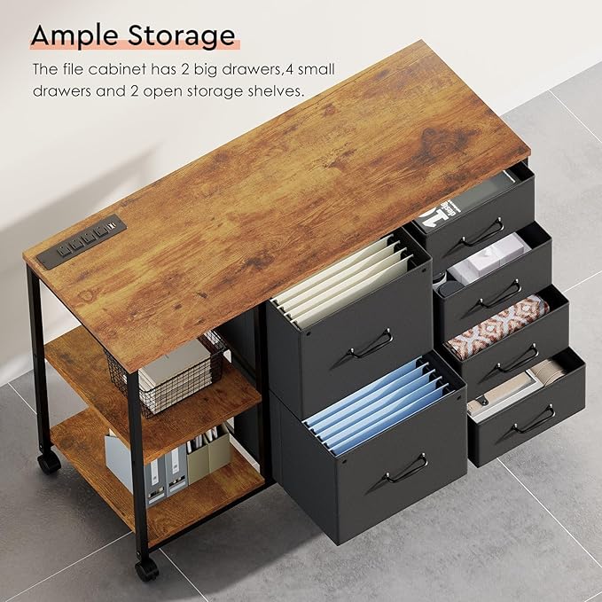 6 Drawer File Cabinet with Charging Station Rolling Printer Stand with Open Storage Shelf Fabric Lateral Filing Cabinet for Home Office,Rustic Brown
