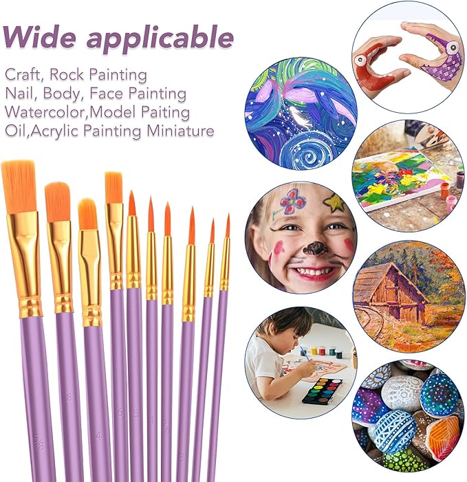 ESRICH Acrylic Paint Brushes Set, 8 Packs/80 Pcs, Nylon Brush Head, Suitable for Acrylic, Oil, Watercolor, Rock Body Face Nail Art,Perfect Suit of Art Painting(Purple)