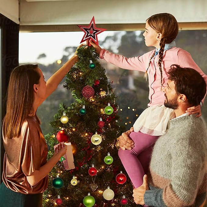 101 PCS Christmas Tree Ornaments Decoration Set, Red Golden Green Shatterproof Plastic Baubles Christmas Balls for Xmas Holiday Decorations