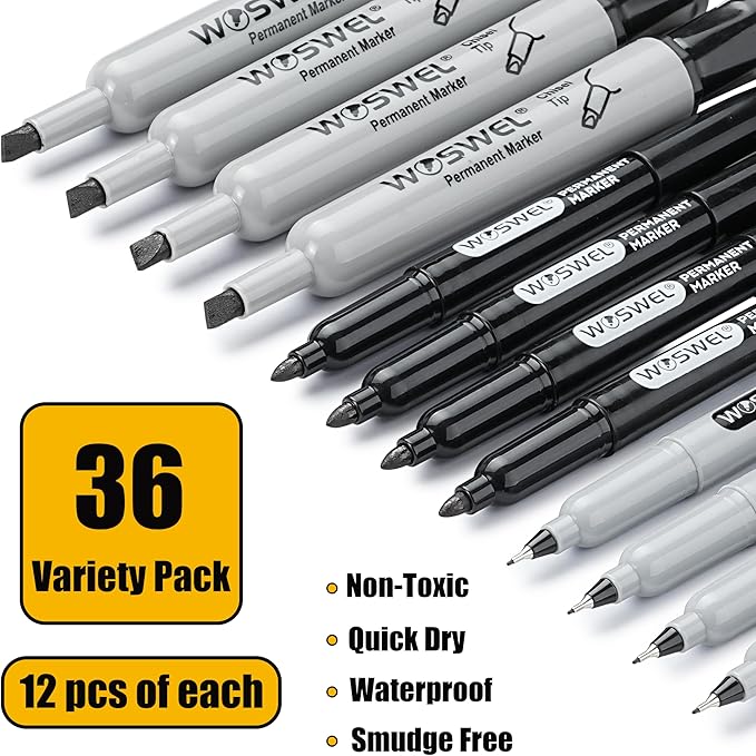 Permanent Markers 36 Variety Pack Bulk,Featuring Ultra-Fine,Chisel Tip,And Fine Tip Marker Set,Writing And Poster Black Markers,Works on Plastic,Wood,Stone,Metal and Glass for Doodling, Marking