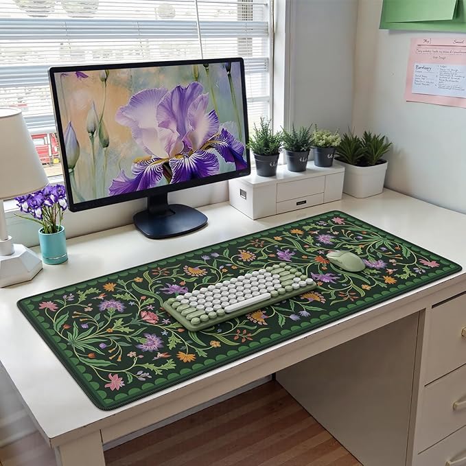 HAOCOO Moss Green Aesthetic Desk Matt for Desktop, Cute Mouse Pad, Non-Slip Vintage Keyboard Mat with Stitched Edge, Large Desk Docer Mat, Desk Cover for Home, School, Office