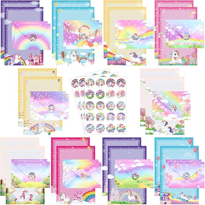 TaoBary 160 Pcs Stationery Paper Set 50 Double Sided Stationery Papers with 50 Matching Envelopes and 60 Round Dot Sticker, 10 Design(Unicorn,5.5 x 8.25 Inch)