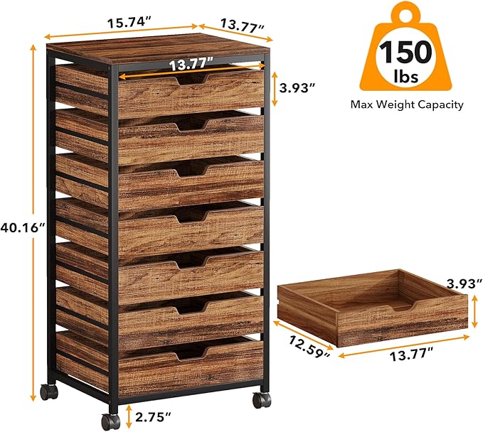 Tribesigns 7 Drawer Chest, Wood Storage Dresser Cabinet with Wheels, Industrial Storage Drawer Organizer Cart for Office Bedroom Entryway (Rustic Brown, 1 PC)