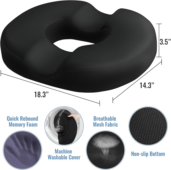 CloudBliss Donut Pillow Seat Cushion for Tailbone Pain Relief and Hemorrhoids, Memory Foam Chair Cushion, Seat Cushions for Men and Women for Home & Office, (Black-XL)