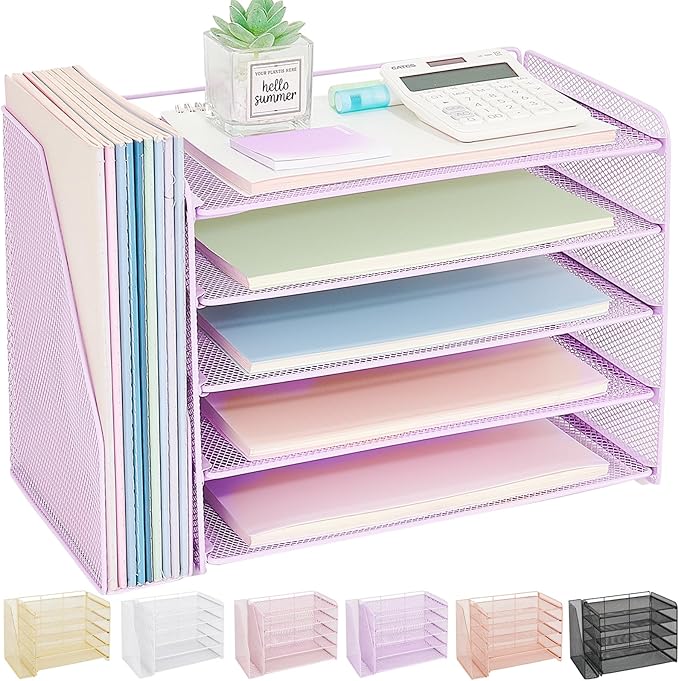 OPNICE 5-Tier Paper Organizer with Magazine Holder, Desk Organizers and Accessories, Office Desk Accessories & Workspace Organizers, Desktop File Organizer for Office Supplies Storage, Purple