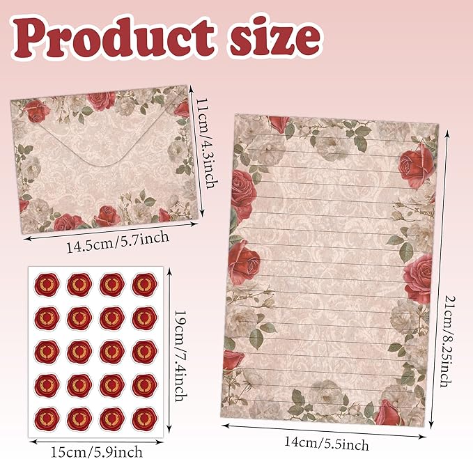 160 Packs Stationery Paper and Envelopes Set 10 Different Designs, 50 One Sided Stationery Writing Papers with 50 Matching Envelopes and 60 Round Dot Sticker, 5.5 x 8.25 Inch (VintageFlower)