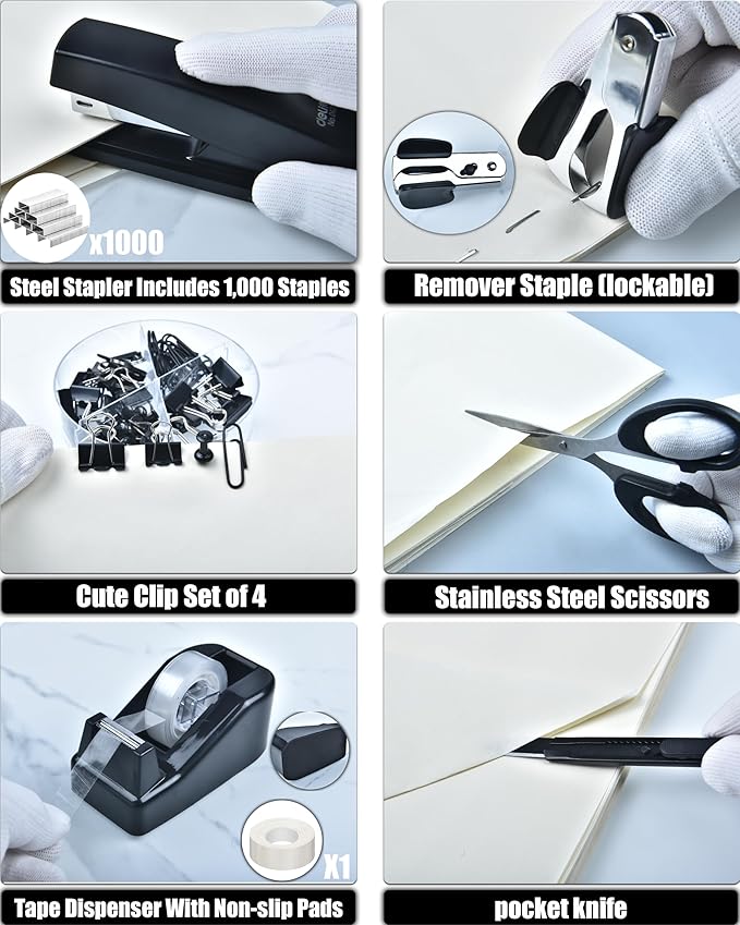 Black Desk Accessories, 24Pcs Office Supplies and Desk Organizers, with Tape Dispenser, Stapler, Staple Remover, Ect, Christmas Gifts