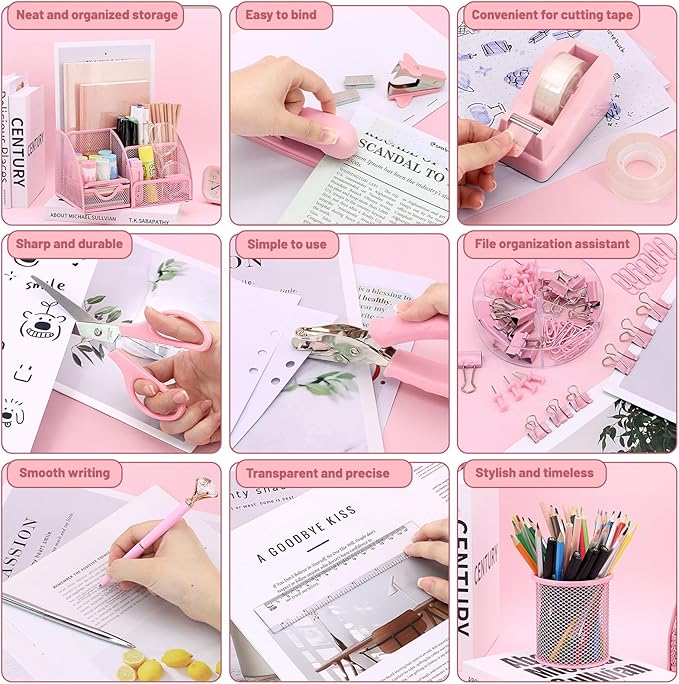 SYMDROMIA 13-in-1 Office Desk Organizer Set with Stapler and Tape Dispenser, Pen Holder, Scissors, Ruler, Hole Punch, 2 Pens & More Desktop Accessories for Back to School Supplies (Pink)