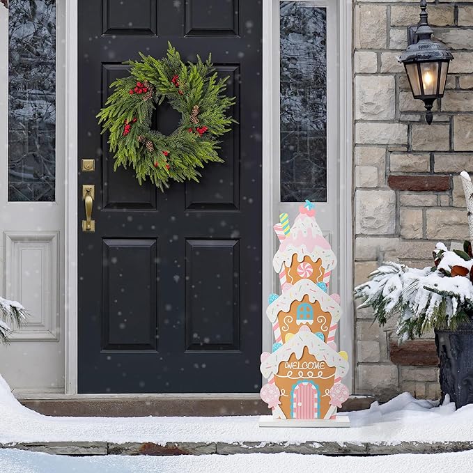 Glitzhome 35" H Wooden Christmas Gingerbread House Porch Decor With Welcome Message, Farmhouse Rustic Freestanding Xmas Gingerbread Sign with Base, Indoor & Outdoor Front Door Yard Holiday Decor