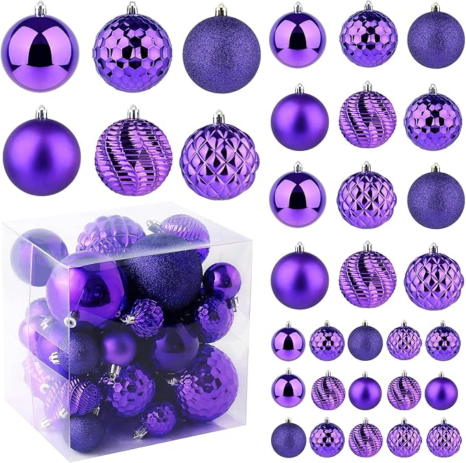 Christmas Balls Ornaments -36pcs Shatterproof Christmas Tree Decorations with Hanging Loop for Xmas Tree Wedding Holiday Party Home Decor,6 Styles in 3 Sizes(Purple)