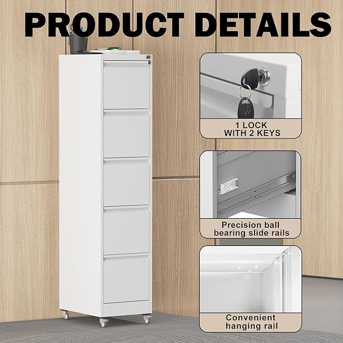 5 Drawers Filing Cabient with Wheel, File Cabinet with Lock, Steel Vertical Filing Storage Cabinet for Office, Heavy-Duty File Cabinets for Letters/Legal/A4 (Require Assembly, White)