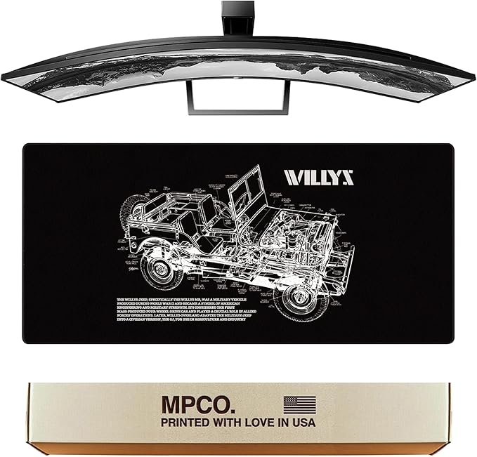 MPCO. Blueprints Large Gaming Desk Pad - 36" x 17" Aeroglyde Fabric Willys Jeep – Black Desk Mats - Non-Slip, Washable, Smooth Glide for Precision Gaming & Work