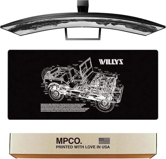 MPCO. Blueprints Large Gaming Desk Pad - 36" x 17" Duraglyde Fabric Willys Jeep – Black Desk Mats - Non-Slip, Washable, Smooth Glide for Precision Gaming & Work
