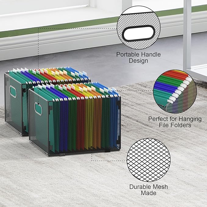 Samstar 2 Pack Hanging File Organizer, Mesh File Folder Box Filing Box File Cabinet Organizer Storage Boxes, Letter Size