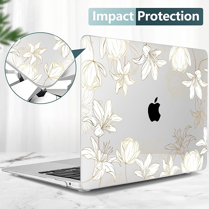 DONGKE Compatible with MacBook Air 13 inch Case 2021 2020 2019 2018 Release A2337 M1 A2179 A1932 with Retina Display Touch ID, Plastic Hard Shell & Keyboard Cover - Golden Florals