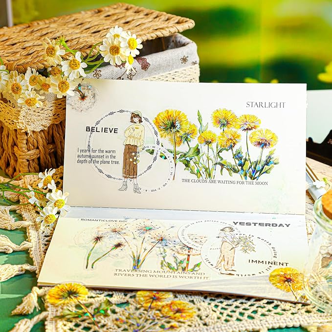 Dandelion Floral PET Stickers Set, 60PCS Holographic Botanical Flower Stickers for Scrapbooking, Journaling, DIY Crafts, and Art Supplies