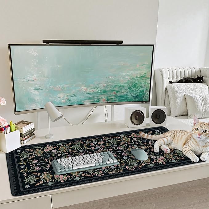 iCasso Large Desk Mat Black,Big Mouse Pad with Stitched Edges,Aesthetic Computer Pad for Desktop,Anti-Slip Keyboard Mat for Women,Floral Desk Cover Protector Work from Office Home Dorm