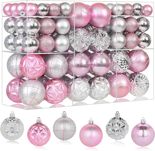 100ct Pink and Silver Christmas Ornaments Set, Shatterproof Christmas Decorations for Tree Plastic Xmas Ball Ornaments with Assortment of Designs and Size for Holiday Party Decor (Pink & Silver)