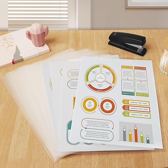 100 Pcs L-Type Plastic Folders for Documents, Clear File Folders Letter Size A4 Paper, Ideal for Home, Office Supplies, College Essentials