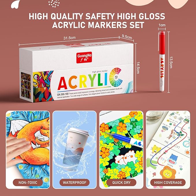 DICEKOO Acrylic Paint Markers, 72 Colors Acrylic Gel Pens, Ballpoint Pens Extra Fine Tip 1.0 mm, Non-Bleed Ink, Odorless, Quick-Drying, Smoothly for Detail Work, Writing, Doodling, Note taking