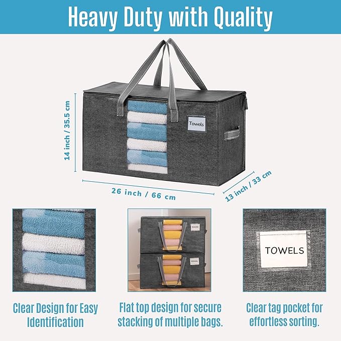 VENO 4 Pack Moving Bags, Comforter and Blanket Storage Bags for Closet, Moving Boxes, Boxes with Lids Alternative, College Dorm Packing Supplies, Foldable Heavy-Duty Tote with Window (Gray, 4 Pack)