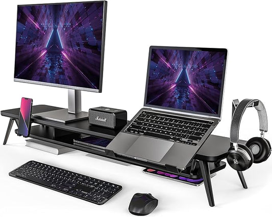 Fenge Dual Monitor Stand, Monitor Riser for 2 Monitors with Adjustable Laptop Riser , 42.5 Inch Desk Shelf for Top of Desk with Phone Holder& Headphone Stand