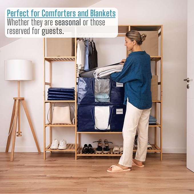 VENO 2 Pack Moving Bags, Comforter and Blanket Storage Bags for Closet, Moving Boxes, Boxes with Lids Alternative, College Dorm Packing Supplies, Foldable Heavy-Duty Tote with Window (Blue, 2 Pack)