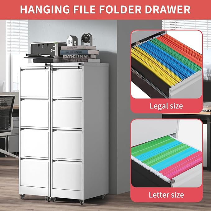 4 Drawer Locking File Cabinet with Wheels,White Metal Mobile Filing Cabinets,Vertical File Cabinet for Home Office,Heavy Duty Rolling Storage Cabinet for A4/Letter/Legal Size,Assembly Required