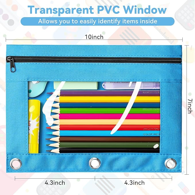V-Opitos Pencil Pouch for 3 Ring Binder, 2 Pack Sky Blue 3-Holes Zipper Pencil Pouches, Sturdy and Durable Cloth Pencil Case with Clear Window for Office School College Supplies