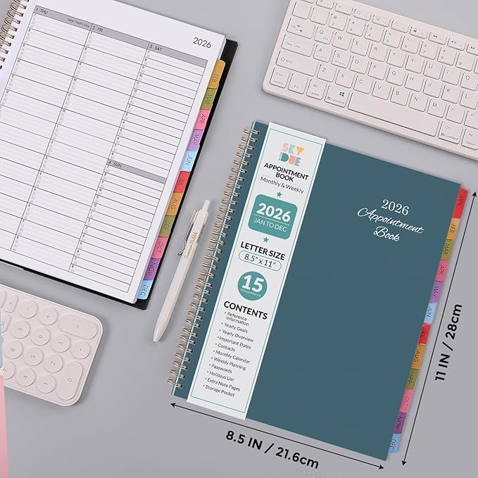 SKYDUE 2026 Appointment Book, 8.5" x 11", Hourly Planner with 15 & 30-Minute Increments, Weekly & Monthly Planner for January - December 2026, Perfect for Daily Planning Blue