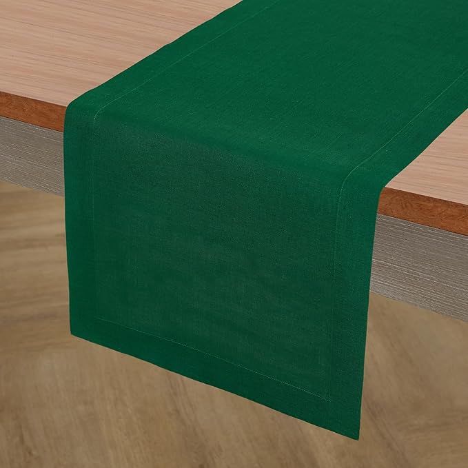 Solino Home Linen Table Runner 48 Inches - 100% Pure Linen Christmas Green Table Runner 14 x 48 Inch Ideal for Dresser and Coffee Tables - Thanksgiving - Fete