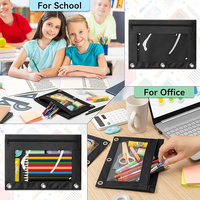 V-Opitos Pencil Pouch for 3 Ring Binder, 2 Pack Yellow 3-Holes Zipper Pencil Pouches, Sturdy and Durable Cloth Pencil Case with Clear Window for Office School College Supplies