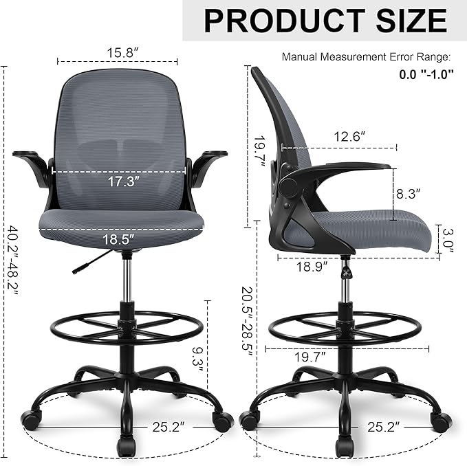 Primy Drafting Chair Tall Office Chair with Flip-up Armrests Executive Ergonomic Computer Standing Desk Chair with Lumbar Support and Adjustable Footrest Ring（Dark Gray）