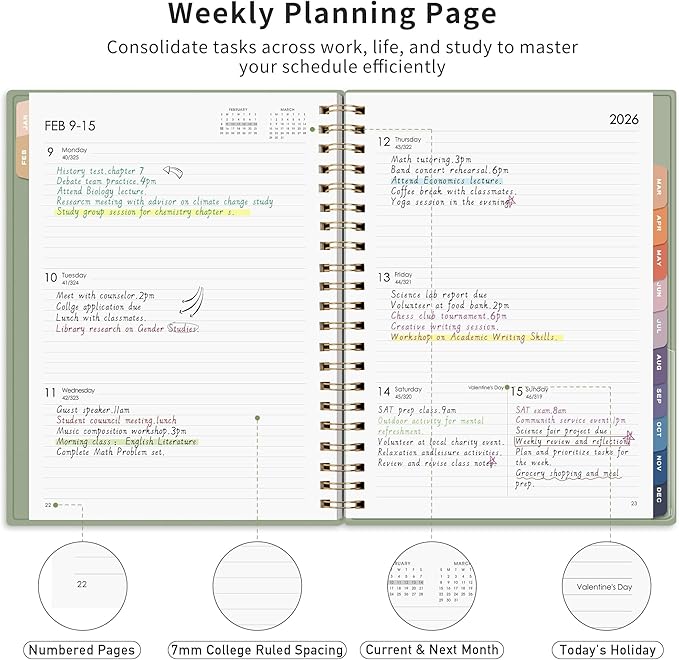 RETTACY 2026 Planner, Weekly and Monthly, Large Size (8.5" x 11"), Jan - Dec 2026, Agenda, Calendar, 12 Month Tabs, Flexible Plastic Cover, 100 GSM Thick Paper, Spiral-bound (Light Green)