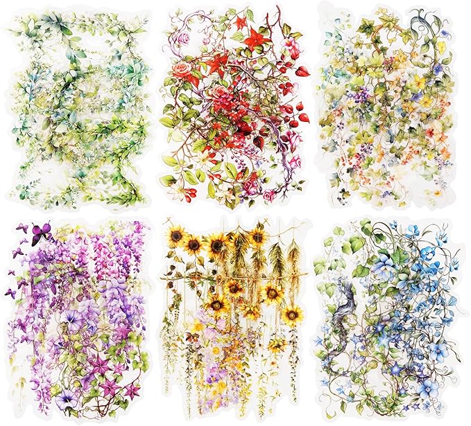 Floral Vine PET Stickers, 120 Pcs Large Botanical Ephemera for Scrapbooking, Journaling, DIY Crafting, and Art Supplies