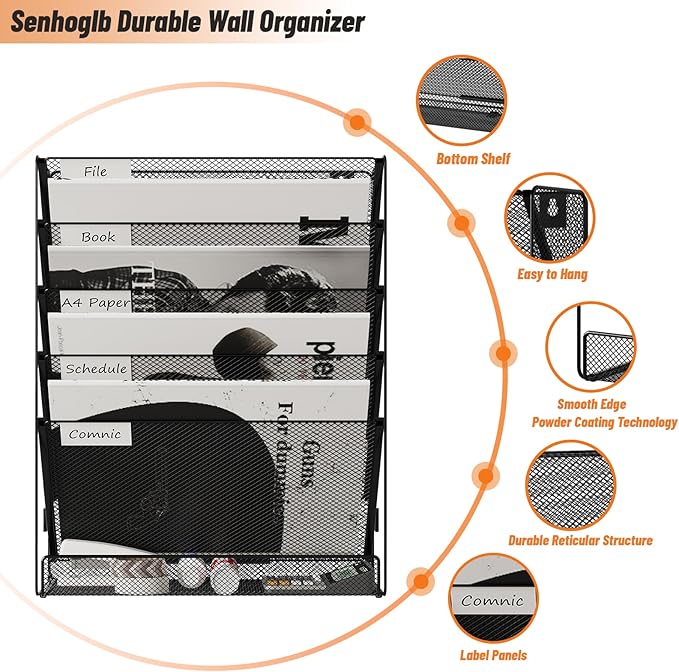 6 Tier File Wall Mounted Magazine Rack with Tray Mesh A4 Paper Organiser Mail Holder Storage No-Side, Black