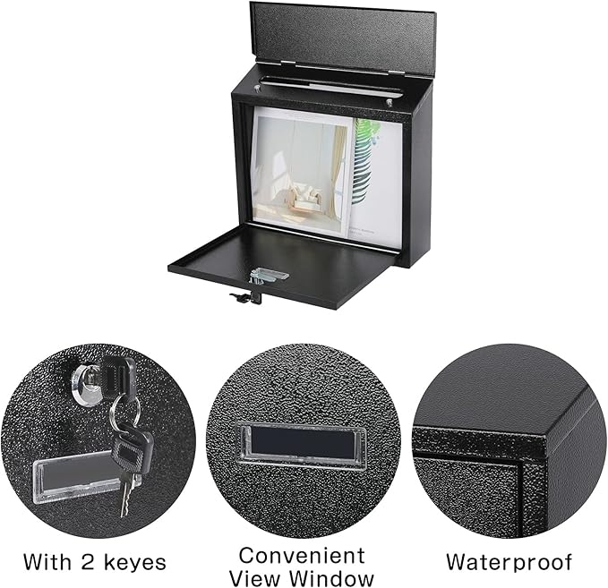 xydled Mail Boxes with Key Lock,Locking Mailbox Wall Mounted,Security Mailbox with Lock and Key,Large Capacity,Steel Cover Metal Postbox for House,14.2X 4X 12.6 Inch, Black