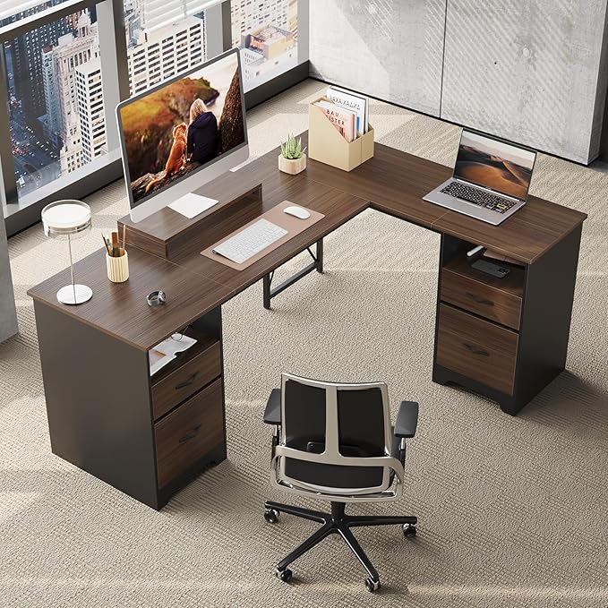 Bestier L Shaped Desk with 4 Drawers, 63" x 47" Executive Desk with Open Storage & Monitor Stand, Corner Desk with 2 File Drawers & Modesty Panel for Home Office, Cherry