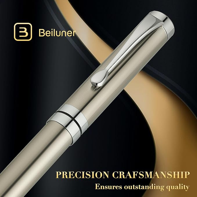BEILUNER Silver Ballpoint Pens, Stainless Steel Body, Smooth Writing Experience, Dishwasher Safe, Gift Box with Extra Refill