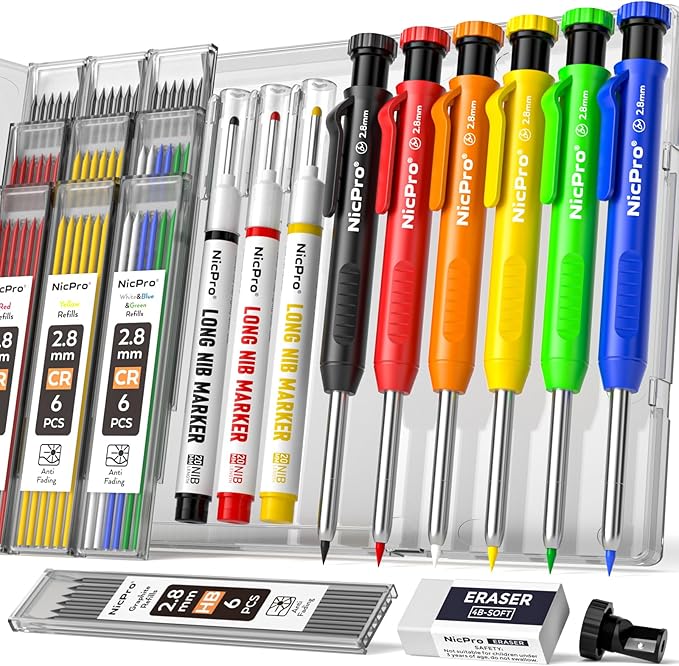 Nicpro 6 Pack CP1000 Carpenter Pencils with Sharpener, Mechanical Pencil Set with 66 Refills, Deep Hole Long Nib Marker Pens, Heavy Duty Woodworking Tools Construction Pencil for Architect Marking