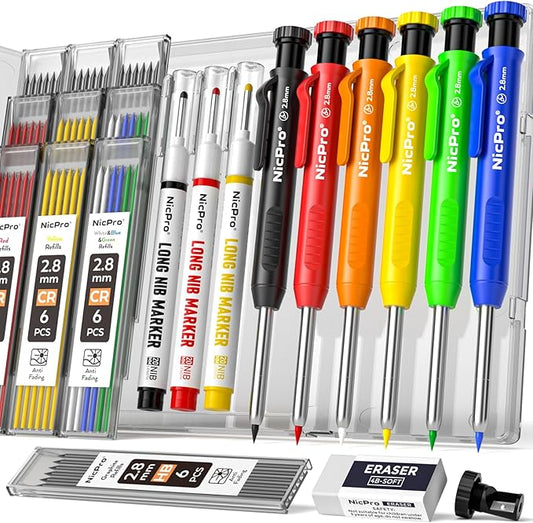 Nicpro 6 Pack CP1000 Carpenter Pencils with Sharpener, Mechanical Pencil Set with 66 Refills, Deep Hole Long Nib Marker Pens, Heavy Duty Woodworking Tools Construction Pencil for Architect Marking