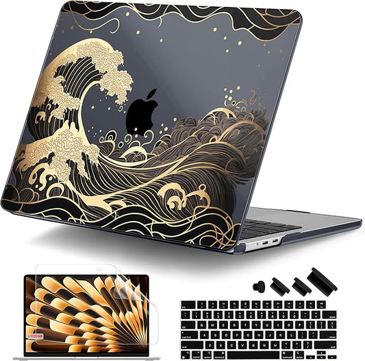 DONGKE Compatible with M4 MacBook Air 15 inch Case 2025 2024 2023 A3241 A3114 A2941 M3 M2 Liquid Retina Display Touch ID, Plastic Hard Case & Keyboard Skin & Screen Protector - Sea Waves