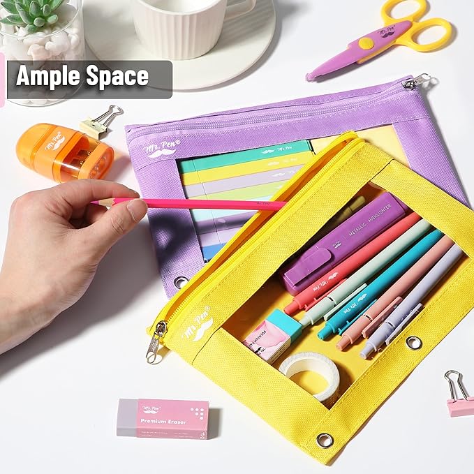 Mr. Pen- Pencil Pouch for 3 Ring Binder, 2 Pack, Yellow and Purple, 3 Ring Binder Pencil Pouch